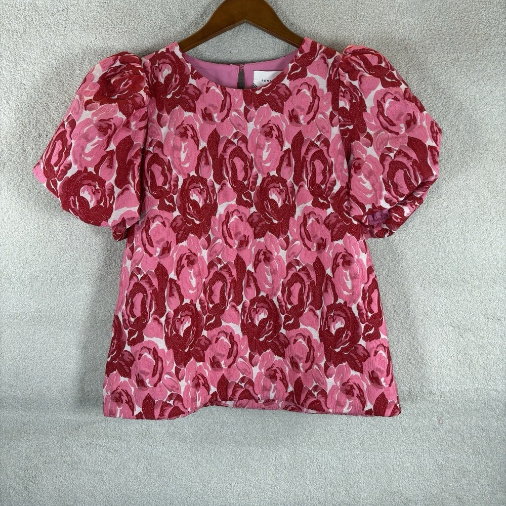 Pomander Place Red and Pink Floral Puff-Sleeve Blouse - Picture 2 of 10
